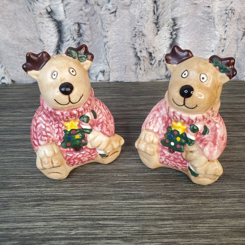 Ceramic Christmas Holiday Reindeer In Sweaters Salt and Pepper Shakers